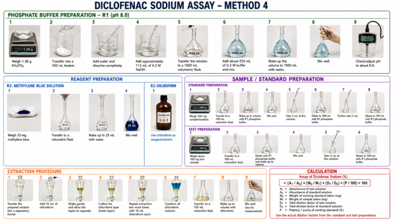 Diclofenac Sodium Assay – Acidification–Extraction Method The acidification–extraction assay method for Diclofenac Sodium is a widely used analytical procedure in pharmaceutical quality control laboratories. This method is based on converting Diclofenac Sodium into its free acid form through acidification, followed by extraction into an organic solvent and quantitative determination. It is especially useful for evaluating the purity and potency of raw materials and finished pharmaceutical formulations. Diclofenac Sodium is the sodium salt of diclofenac, a nonsteroidal anti-inflammatory drug (NSAID) commonly used to relieve pain, inflammation, and swelling. Since the compound is soluble in water in its sodium salt form, acidification with a mineral acid such as hydrochloric acid converts it into diclofenac acid, which is less water-soluble and more soluble in organic solvents like chloroform or ethyl acetate. In this assay, a measured quantity of Diclofenac Sodium sample is dissolved in distilled water. The solution is then acidified carefully using dilute hydrochloric acid until the pH reaches an acidic range, usually around pH 2. Upon acidification, diclofenac precipitates or becomes extractable into an organic phase. The mixture is transferred into a separating funnel, and extraction is performed multiple times using a suitable organic solvent to ensure complete recovery of the drug. The combined organic extracts are filtered and evaporated to dryness or analyzed directly depending on the analytical protocol. Quantitative determination may be carried out gravimetrically, spectrophotometrically, or by titration. The assay result is calculated based on the amount of diclofenac recovered compared to the labeled or theoretical amount. This method provides reliable accuracy and reproducibility when performed under controlled laboratory conditions. Proper pH adjustment, efficient extraction, and complete solvent removal are critical factors influencing the assay outcome. The acidification–extraction technique remains an effective and economical method for routine pharmaceutical analysis of Diclofenac Sodium.