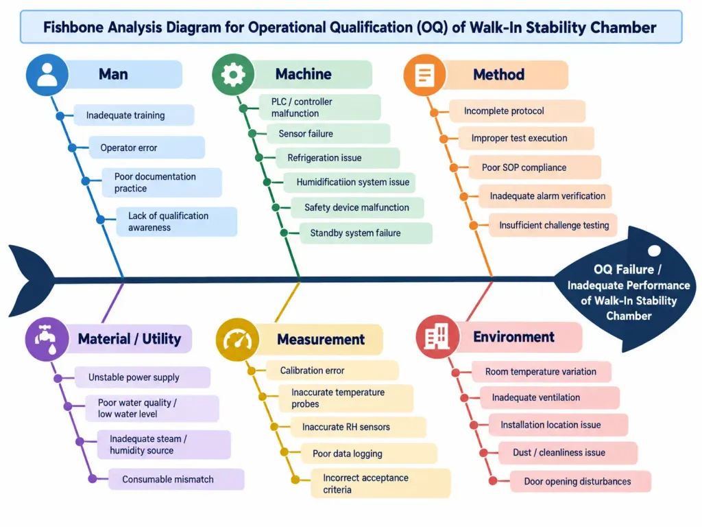 AI-generated flow diagram illustrating Operational Qualification of Walk-In Stability Chamber, including temperature, humidity, safety systems, and GMP compliance verification.