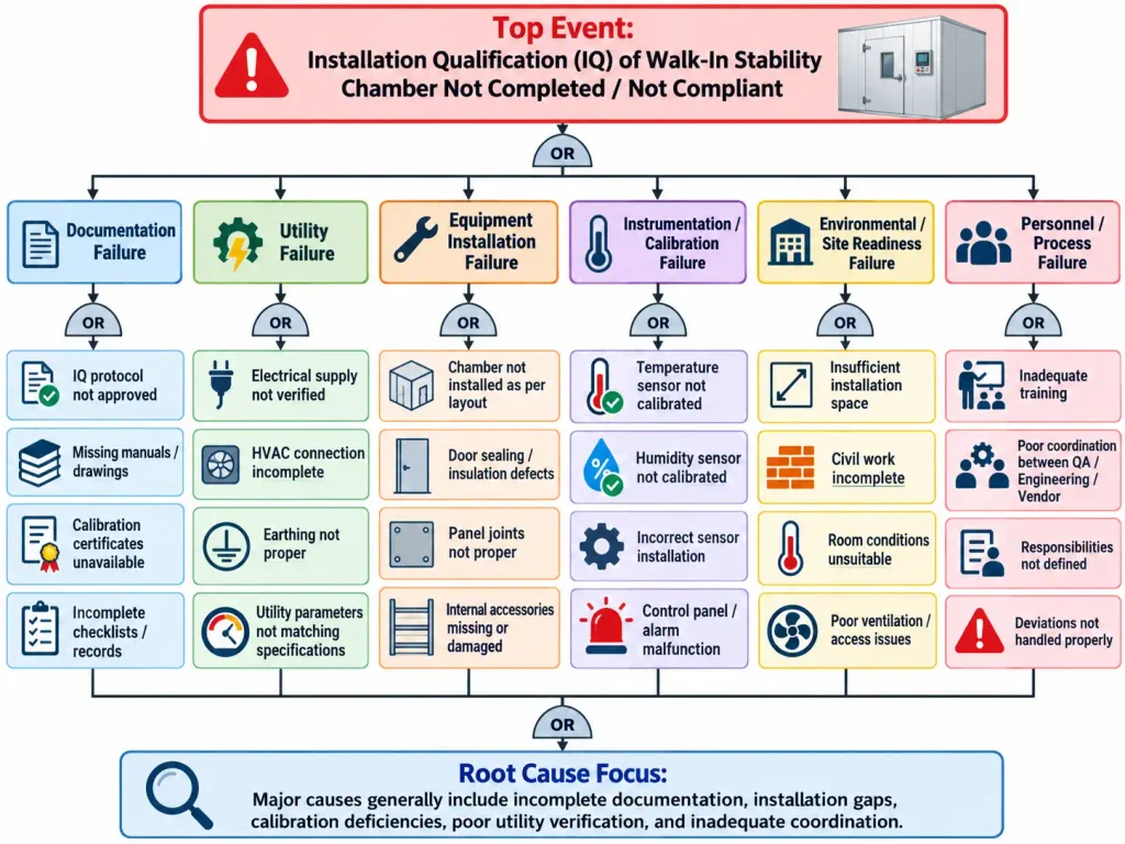 Illustrative flow diagram showing the Installation Qualification (IQ) process for a Walk-In Stability Chamber, including installation verification, utility checks, instrumentation, safety features, documentation, and GMP compliance.
