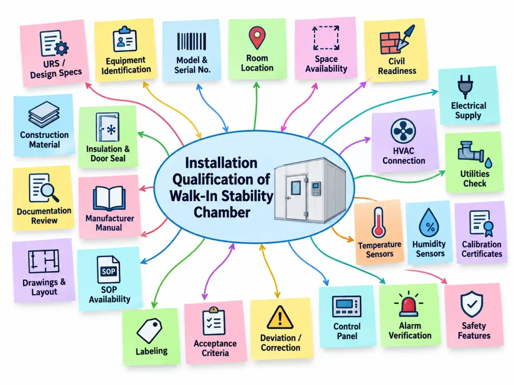 Illustrative flow diagram showing the Installation Qualification (IQ) process for a Walk-In Stability Chamber, including installation verification, utility checks, instrumentation, safety features, documentation, and GMP compliance.