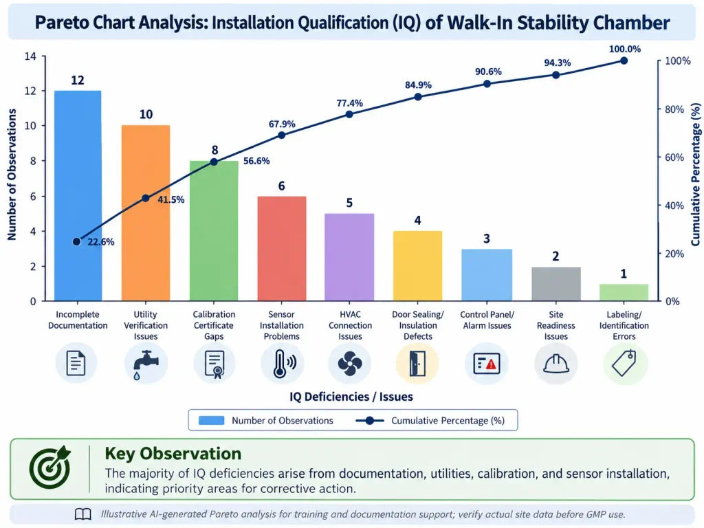Illustrative flow diagram showing the Installation Qualification (IQ) process for a Walk-In Stability Chamber, including installation verification, utility checks, instrumentation, safety features, documentation, and GMP compliance.