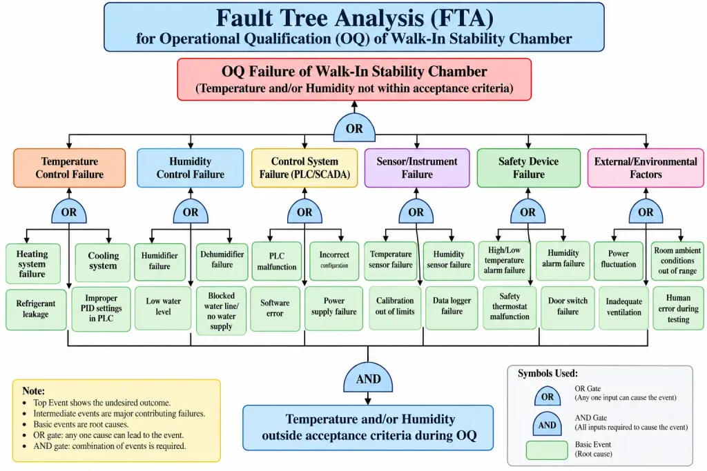 AI-generated flow diagram illustrating Operational Qualification of Walk-In Stability Chamber, including temperature, humidity, safety systems, and GMP compliance verification.